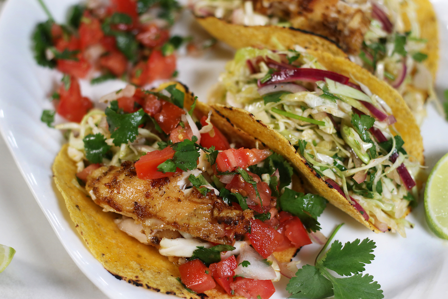 Up close photo of Baja California Tacos with Marinated Baja Chicken.