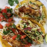 Overhead photo of Baja Tacos with chicken and Pico de Gallo.