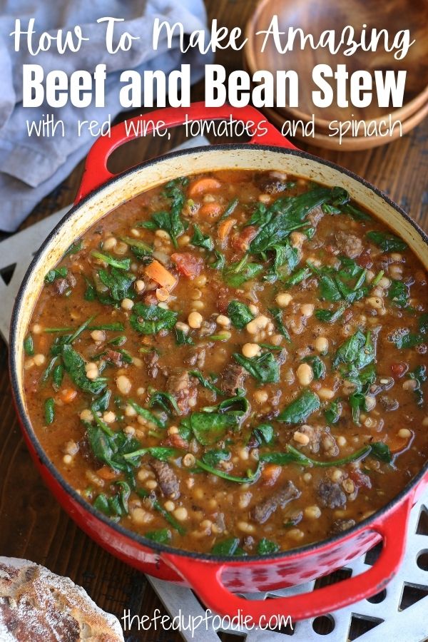Tender pieces of beef and buttery white beans cook together in a rich red wine sauce to create this ultra delicious Beef and Bean Stew. A healthy and tasty way to stay warm. 
#BeefStewWithBeans #BeefAndBeans #BeefAndBeanSoup #WinterSoupAndStews #BeefStewRecipesStovetop