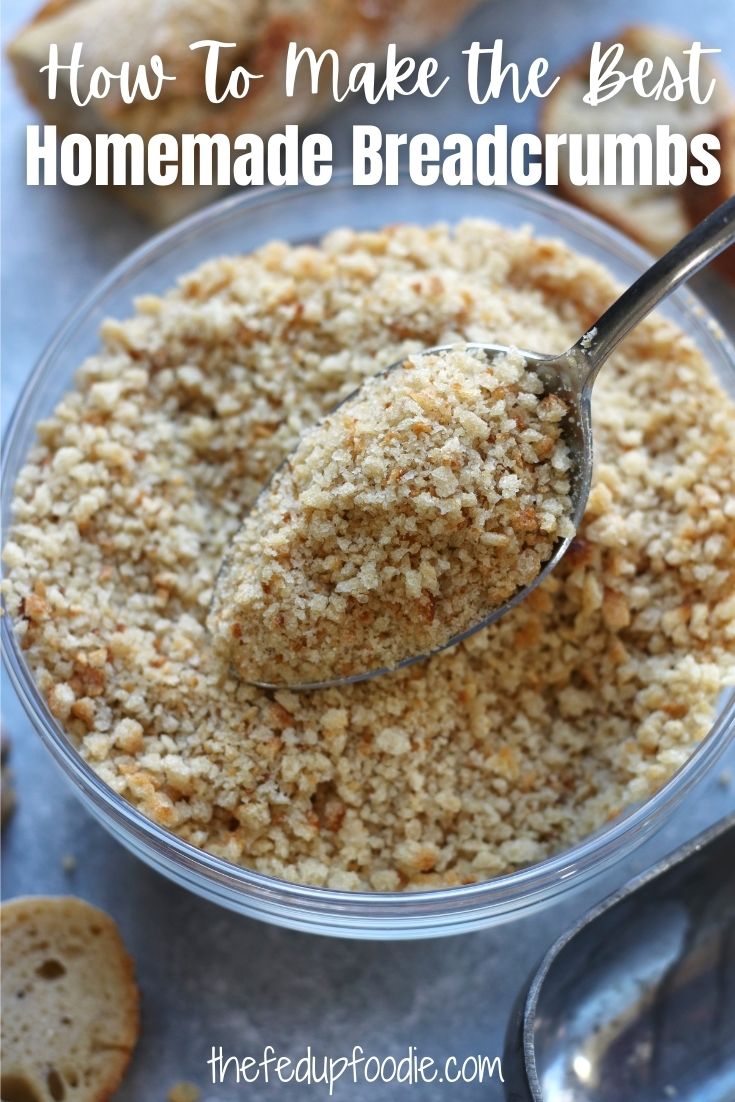 Homemade Breadcrumbs are incredibly easy to make and an affordable way to not let stale bread go to waste. Use them on breaded chicken, pork and seafood. 
#BreadcrumbsHowToMake #Breadcrumbs #SeasonedBreadcrumbsRecipe #HomemadeBreadcrumbsEasy #DIYBreadcrumbs #MakeYourOwnBreadCrumbs