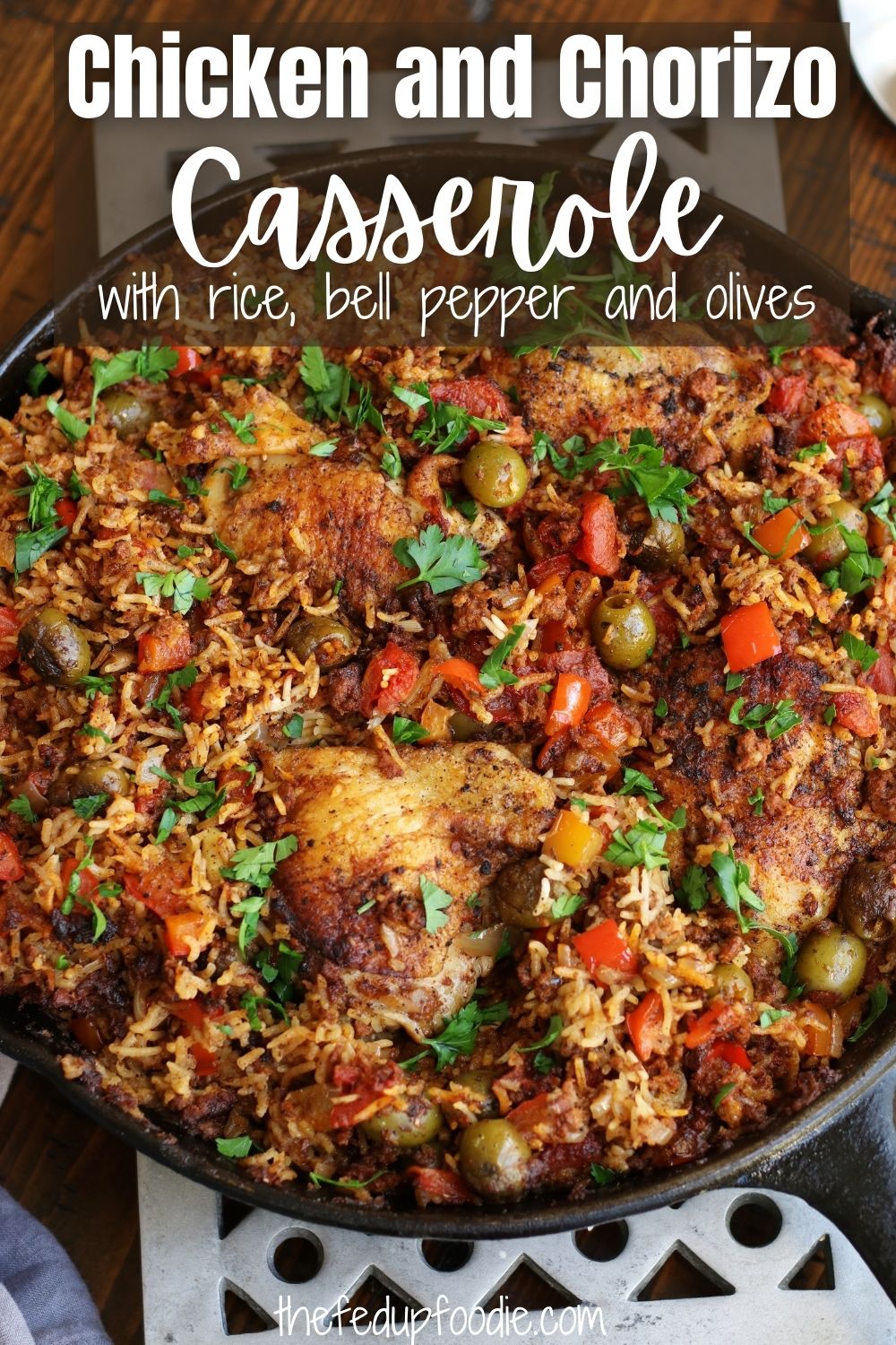Chicken and Chorizo Casserole is an extremely delicious main dish using easy Mexican Style Chorizo, red bell pepper, green olives and rice. A simple one pot meal that freezes well and is a family favorite. 
#ChickenAndRiceRecipes #ChickenAndRiceCasseroleRecipes #ChickenAndChorizoAndRice #ChickenAndChorizoBake #ChickenAndChorizoCasserole #ChickenAndChorizoRecipesDinner #ChickenAndRice