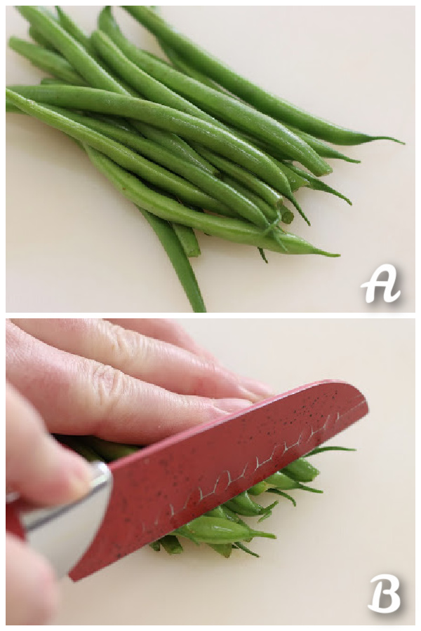 Cutting Green Beans for Green Bean and Tomato Salad.