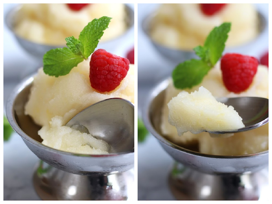 Two photos side by side of Lemon Sorbet being eaten with a spoon.