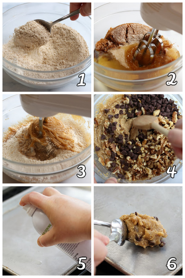 Collage of pictures showing steps to making Vegan Chocolate Chip Cookies.