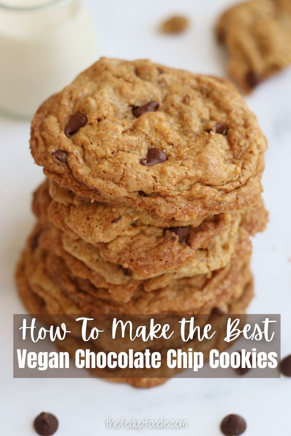 These Vegan Chocolate Chip Cookies are so amazing that my butter loving husband can't even tell that they are plant based. Made with ground oats, applesauce, vegan chocolate chips and walnuts. 
#VeganDessert #VeganSnacks #VeganChocolateChipCookies #VeganChocolateChipOatmealCookies #BestVeganCookies#VeganChoChipCookies #PlantBasedCookies 