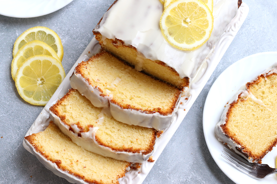 Slices of glazed Lemon Pound Cake that is made with oil.