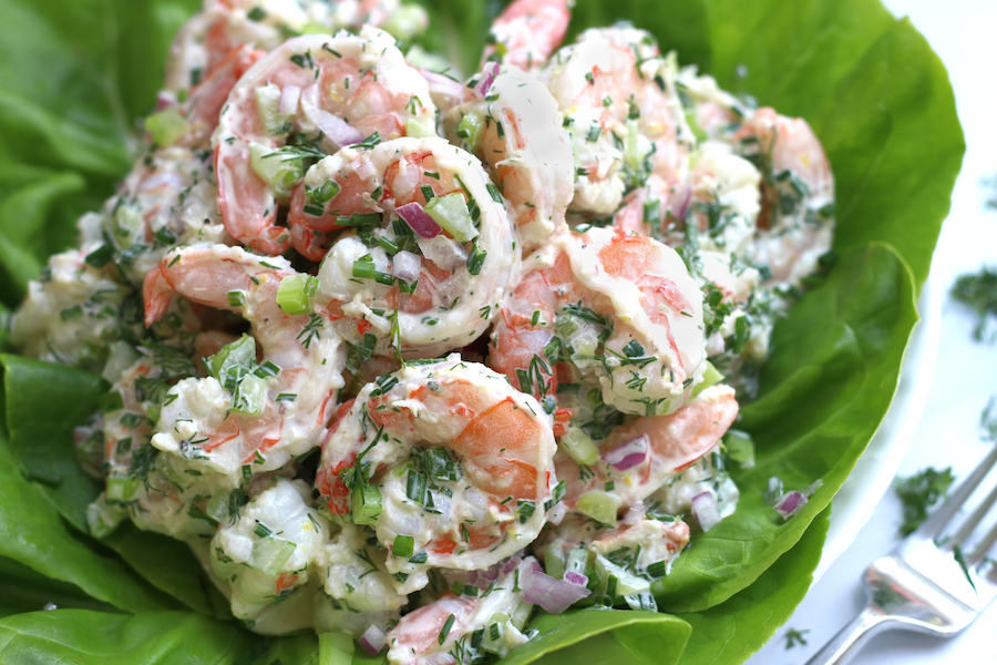 Shrimp Salad with lettuce, dill, red onion and mayonnaise.