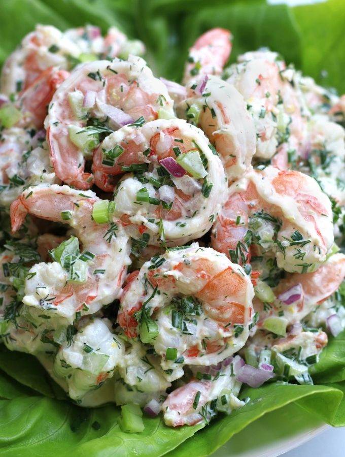 Up close photo of Shrimp Salad on a bed of butter leaf lettuce.