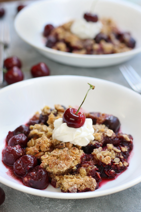 Two servings of Cherry Crisp made with frozen cherries.