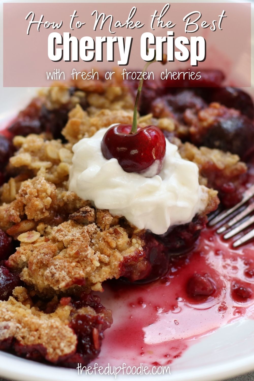 Homemade Cherry Crisp with an oatmeal pecan streusel topping is a simple and classic dessert the whole family will love. With a preparation time of 10 minutes, this cherry dessert is incredibly easy to make. Top with a scoop of vanilla ice cream or a dollop of whipped cream for a delicious treat.  
#CherryCrispWithFrozenCherries #CherryCrispWithFreshCherries #EasyCherryCrisp #CherryCrispWithPecans #CherryCrispWithOatmealTopping