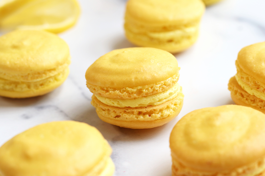 Lemon French Macarons filled with lemon buttercream.