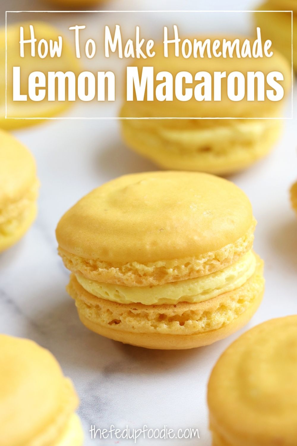 Lemon Macarons Recipe creates light and delicate textured cookies. These French style cookies are bursting with lemon flavor and have an irresistible filling combination of lemon buttercream and lemon curd or lemon buttercream and raspberry jam. The perfect cookie for baby showers, bridal showers or as a treat for lemon lovers. 
#LemonMacarons #LemonMacaronRecipe #LemonMacaronFilling #LemonMacaronsWithLemonCurd #HowToMakeMacaroons #HowToMakeMacarons #FrenchMacarons #MacaronsForBeginners 