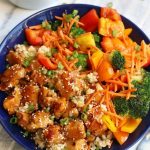 Overhead photo of Teriyaki Chicken Bowls recipe in a blue bowl.