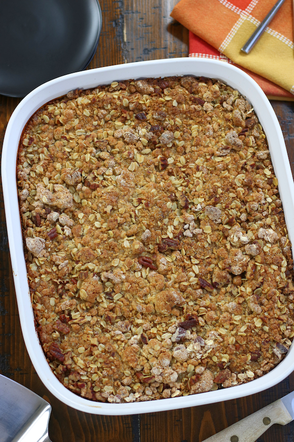 Overhead photo of an Easy Thanksgiving Dessert (aka Pumpkin Crumble).