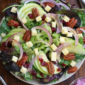 A serving of Fall Apple Salad with pecans, havarti cheese, red onions and celery.