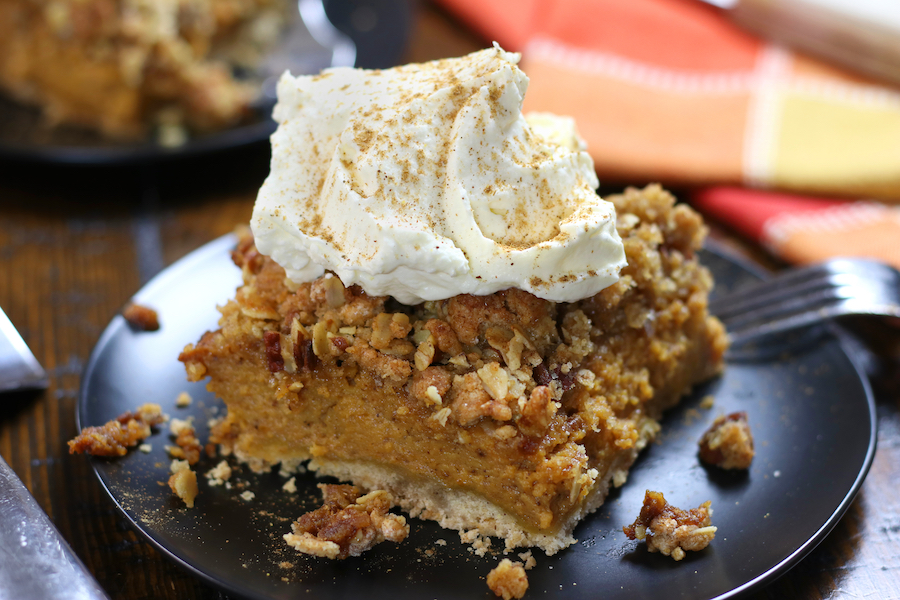 Up close photo of Pumpkin Crisp Recipe showing the three layers.