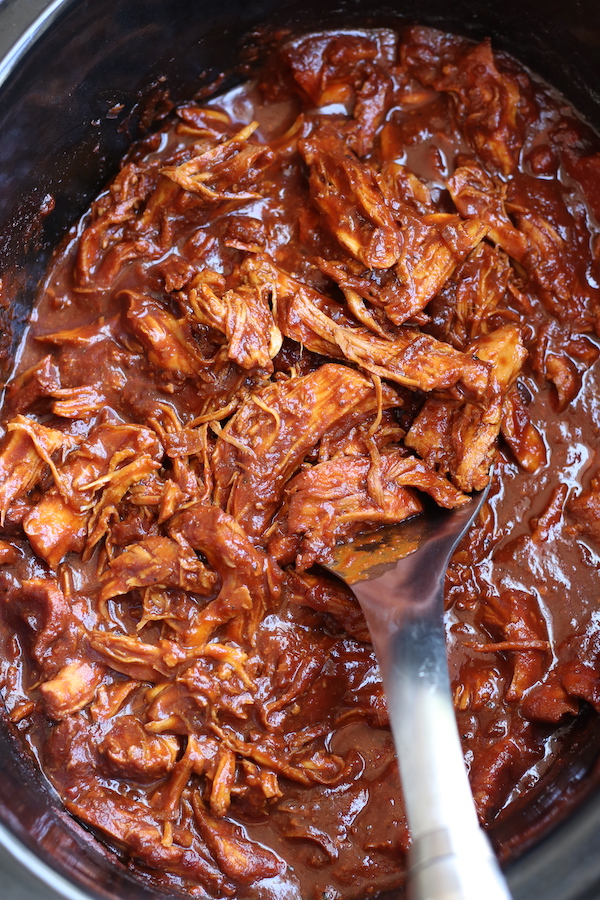 Overhead photo of BBQ Pulled Chicken in a Crockpot.