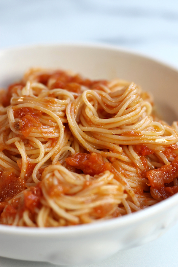 Angel hair pasta covered in Pomodoro Sauce.