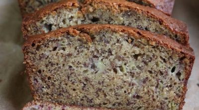 Up close photo of Banana Bread slices.