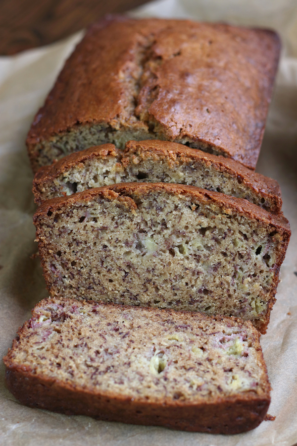 Slices of Banana Bread recipe made with oil.