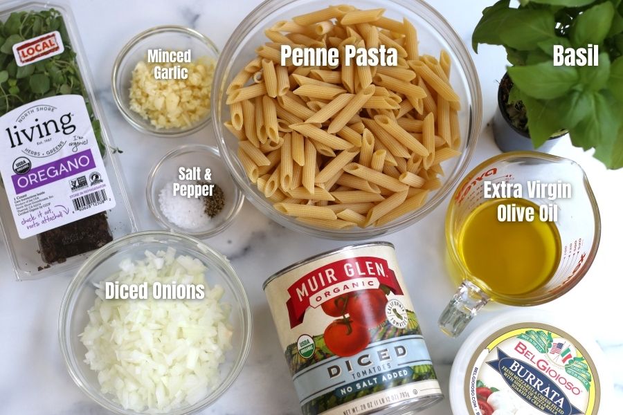 Ingredients for Tomato and Burrata Penne Pasta.