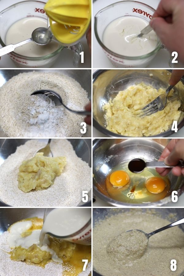 Pictures showing steps in making Oat Banana Pancakes.