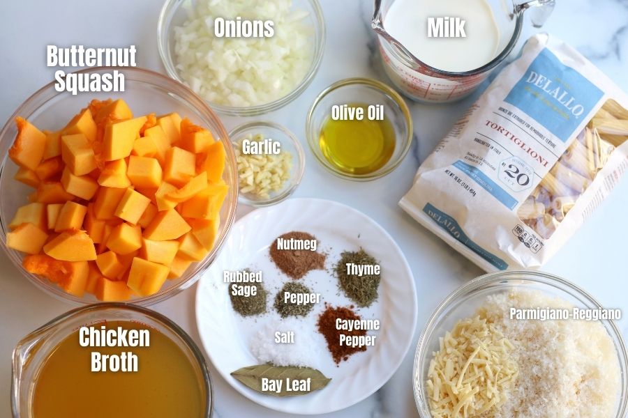 Butternut Squash Mac and Cheese ingredients on a white countertop.