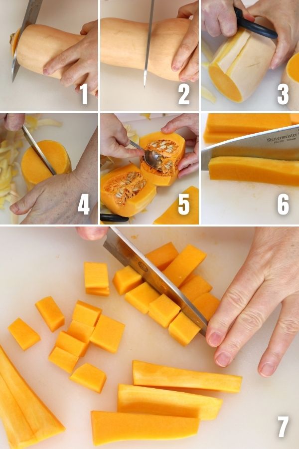 Steps showing how to cut butternut squash.