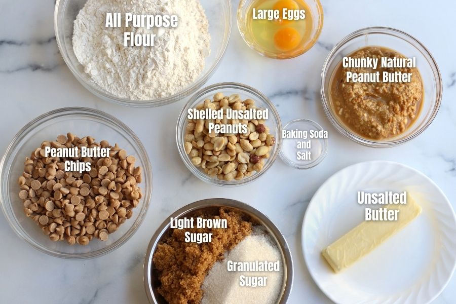 Ingredients for Best Peanut Butter Cookies in clear glass bowls.