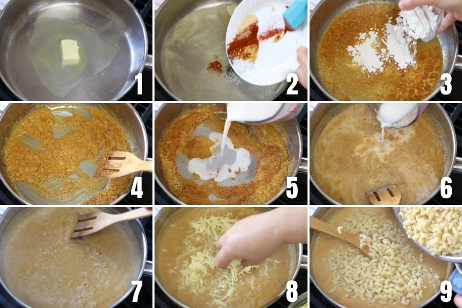 Steps in making cheese sauce for Mac and Cheese.