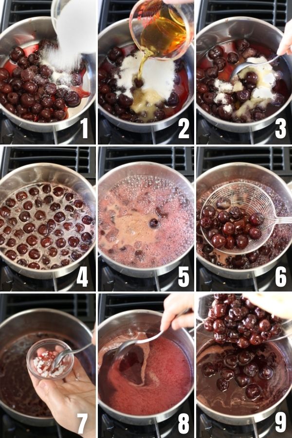 A series of pictures showing steps in making Cherry Amaretto Compote.
