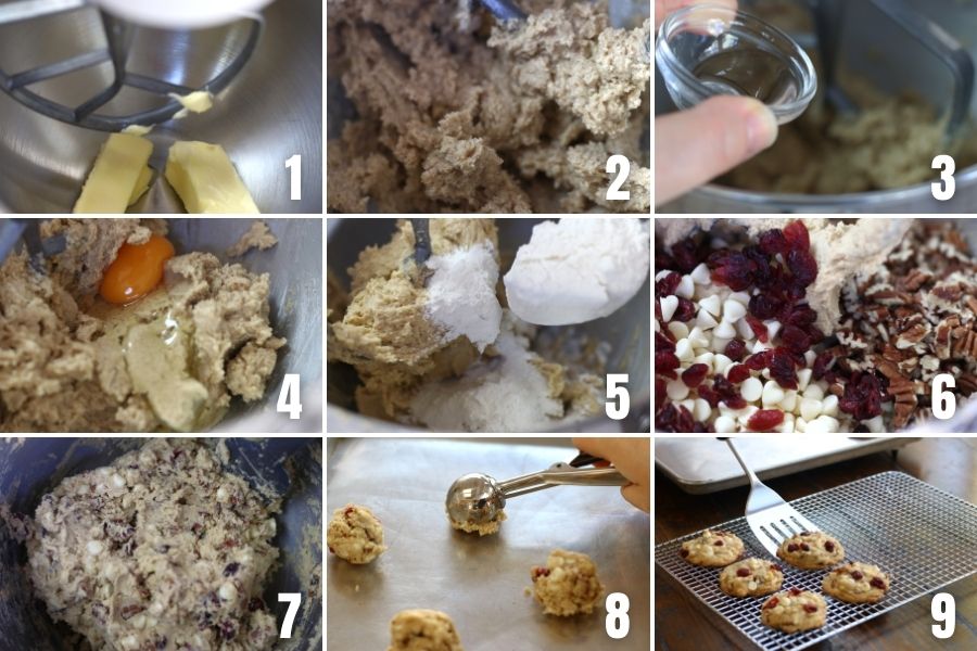Collage of photos showing steps in making Cranberry White Chocolate Cookies.