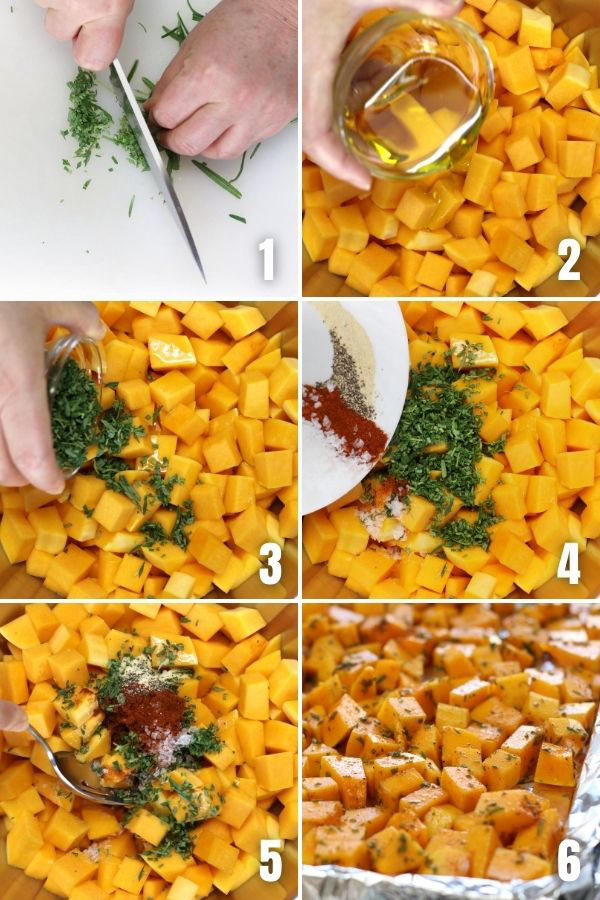 A series of photos showing steps in making Roasted Butternut Squash.