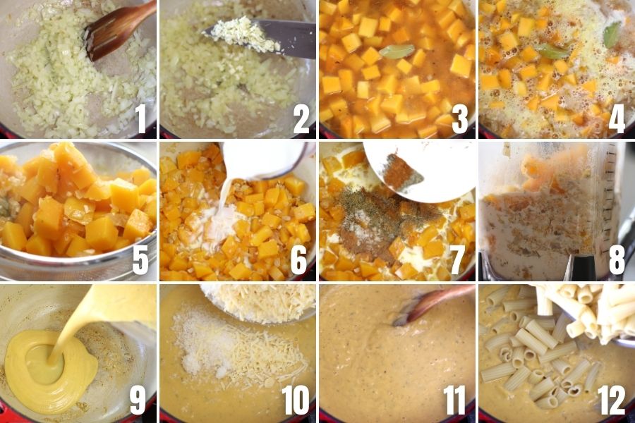 Steps showing how to make Butternut Squash Mac and Cheese.