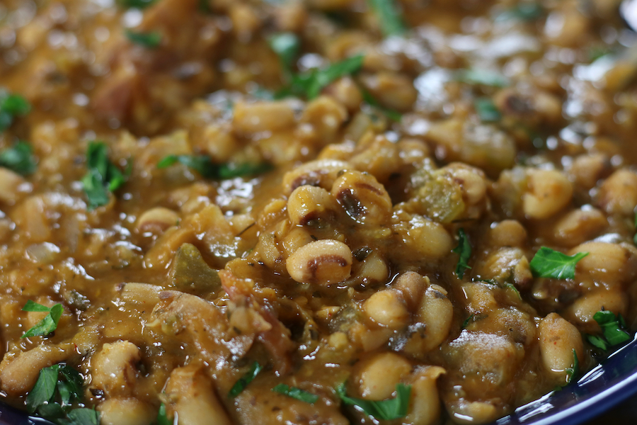 Up close photos of Black Eyed Peas and Ham Soup.