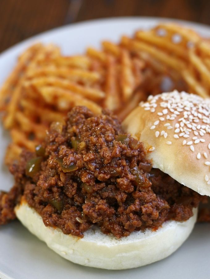Homemade Sloppy Joes recipe on a sesame seed bun.