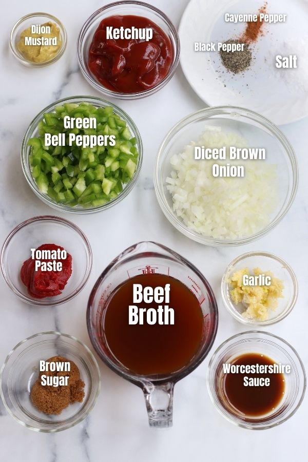 Ingredients for Sloppy Joe Sauce measured into clear glass bowls.