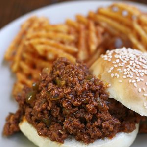 Old Fashioned Sloppy Joes Recipe served with criss cross fries.