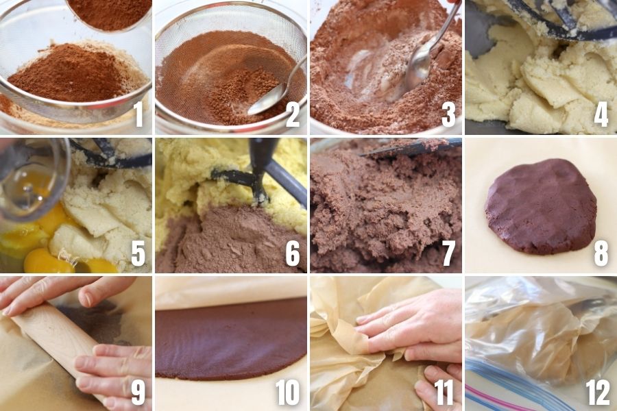 Photos showing steps in making Chocolate Sugar Cookies.