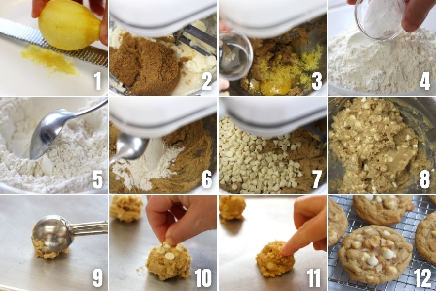 Collage showing steps in making Lemon White Chocolate Cookies.