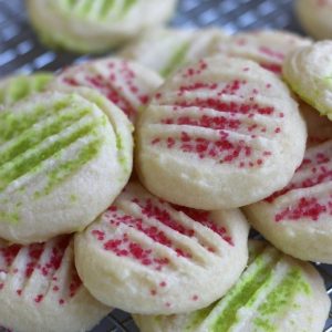 Whipped Shortbread Cookies with natural green and red sprinkles.