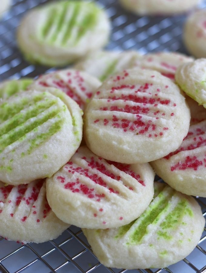 Whipped Shortbread Cookies with natural green and red sprinkles.