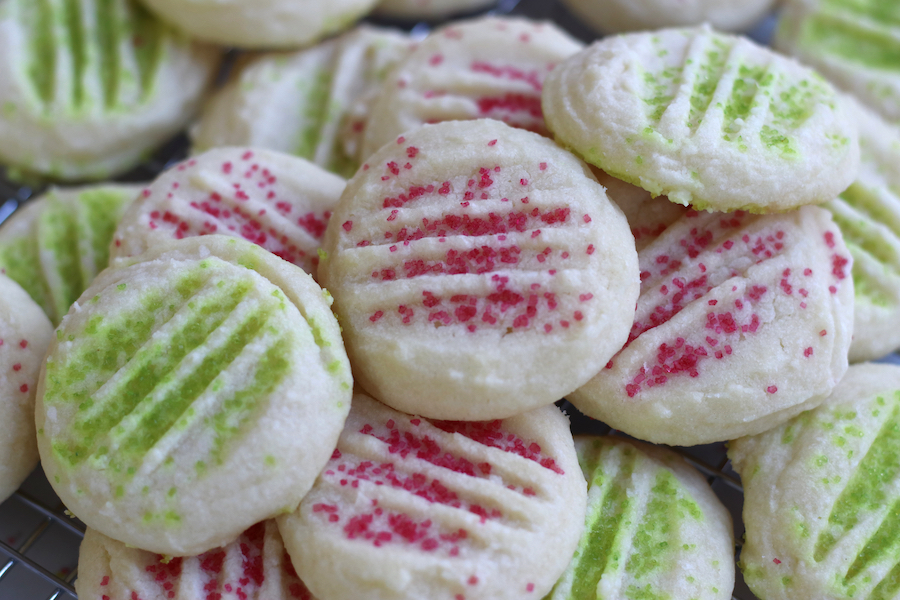 Up close photo of cookies made from Whipped Shortbread Recipe.