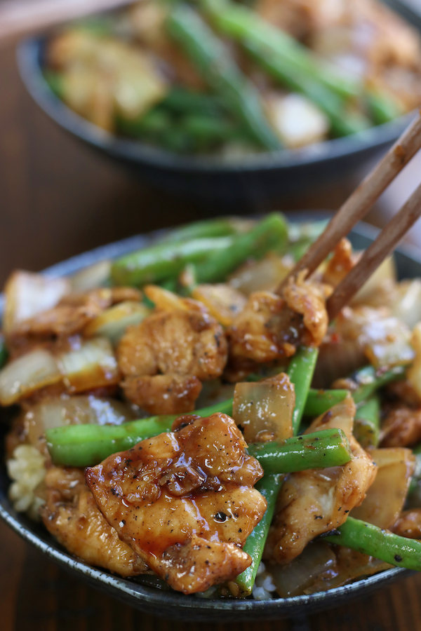 Chicken Green Bean Stir Fry glistening with a homemade stir fry sauce.