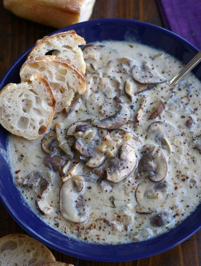 Overhead photo of a serving of Homemade Cream of Mushroom Soup.