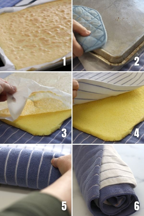 Photos showing steps to the first rolling of Lemon Roll Cake.