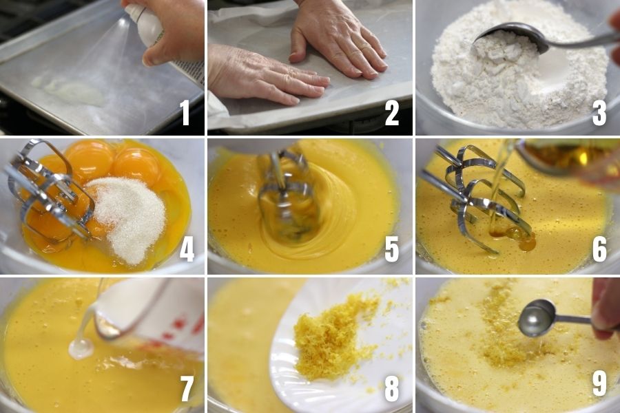 Photos showing the first steps in making Lemon Swiss Roll Cake.