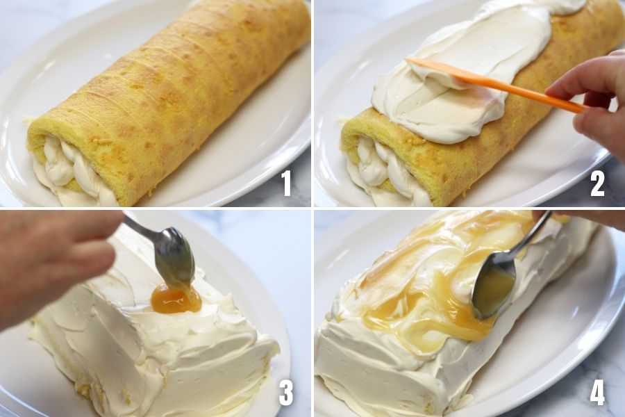 Photos showing steps to frosting Lemon Roll Cake.
