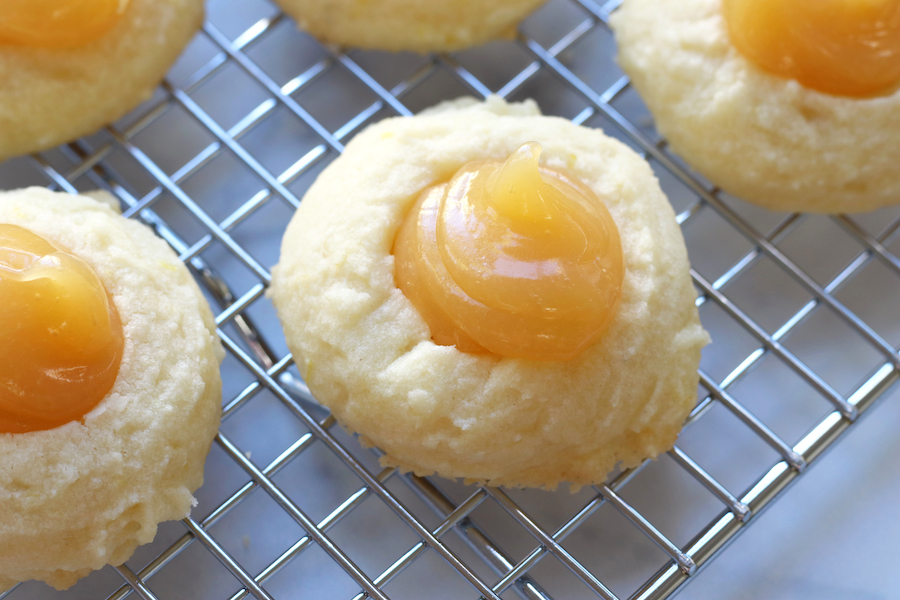 Overhead photo of Lemon Cookies with lemon curd.