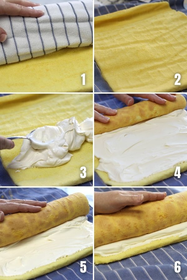 Photos showing steps in the second rolling of Lemon Roll Cake.